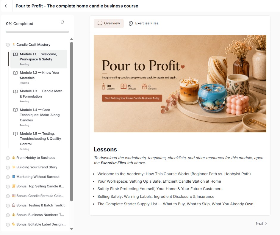 The Pour to Profit student portal showing the module list and progress tracker