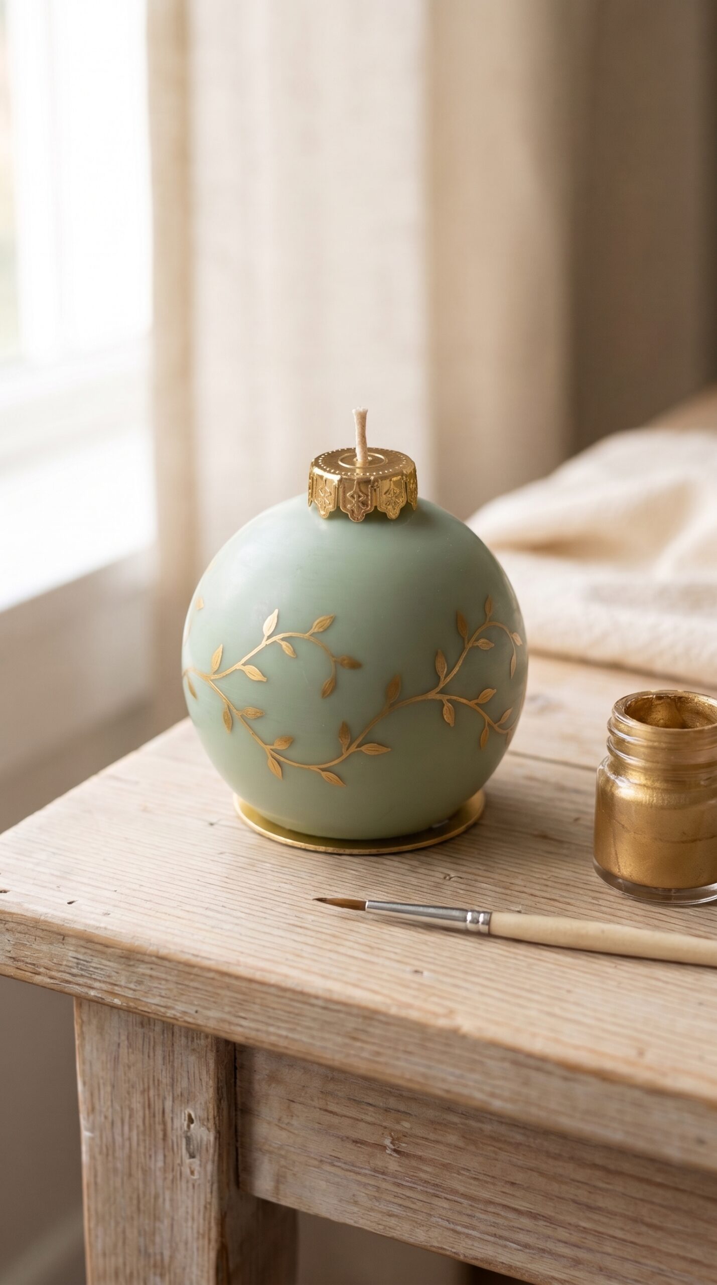 Sphere candle with a handmade gold cap made by a student