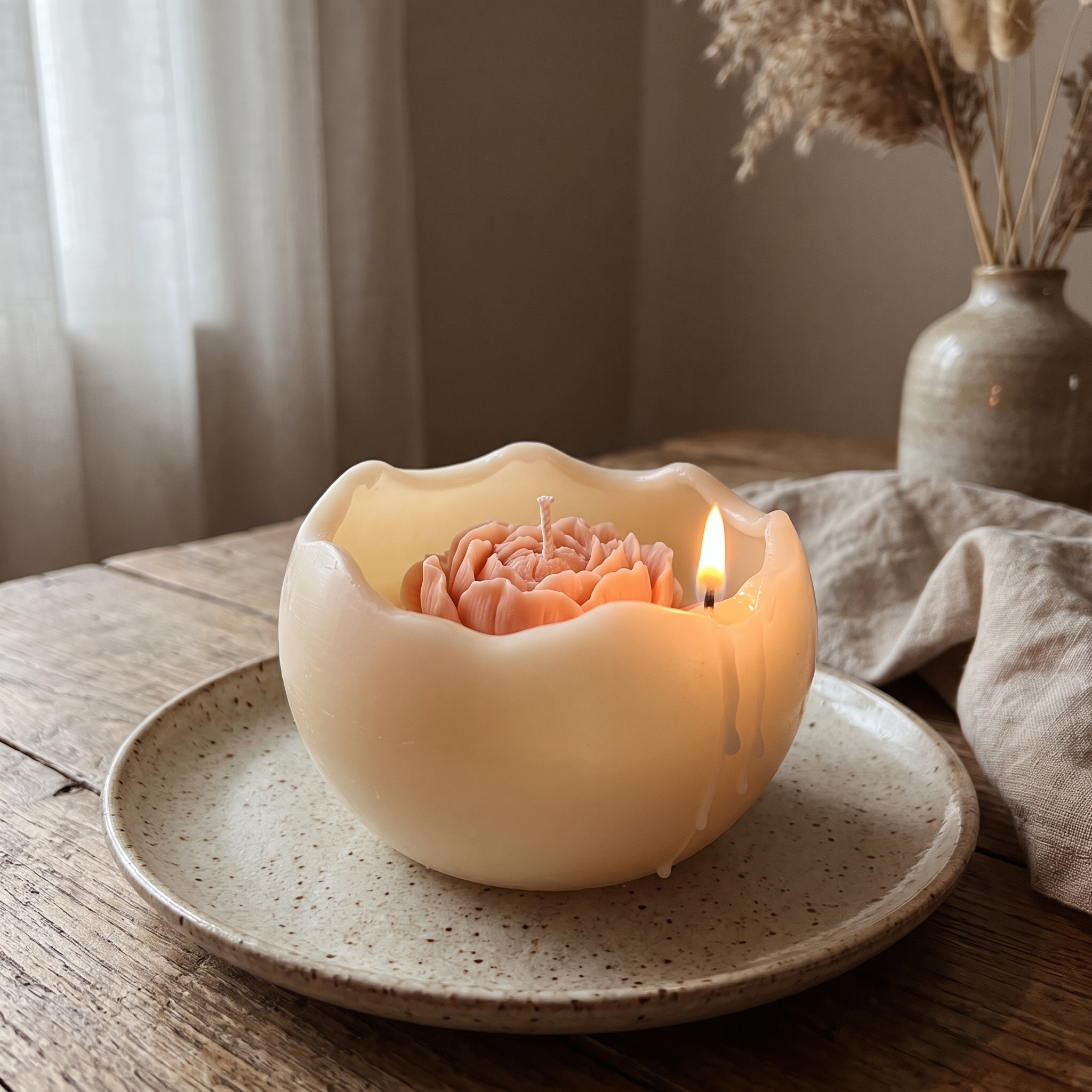 Cream spiral candle with a peach peony inside made by a student